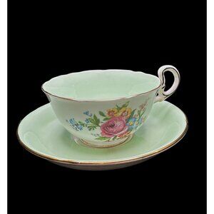 Royal Grafton teacup and saucer circa 1949, mint green, floral rose READ